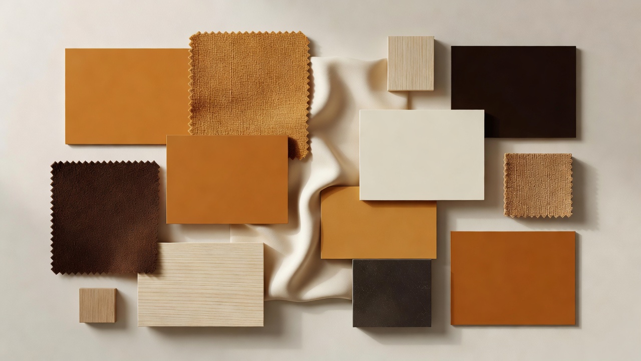 Mood board showing warm amber, cream, and espresso color swatches