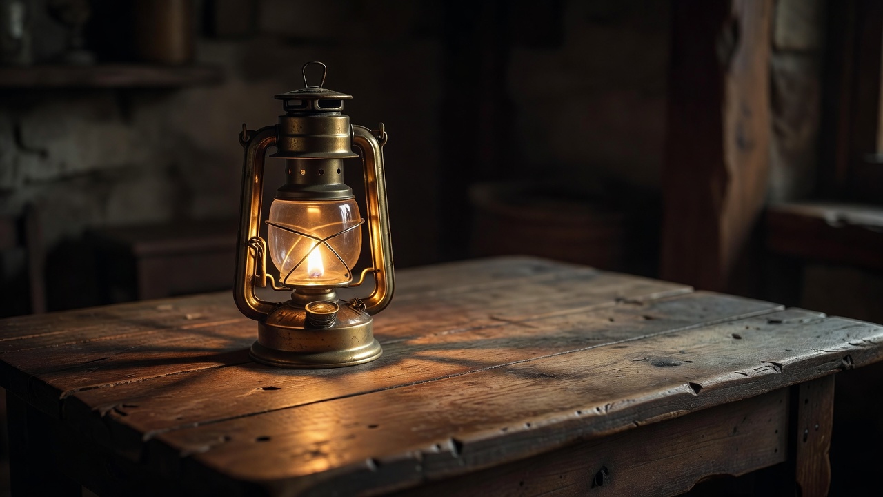 A brass lantern glowing softly on a rustic wooden table